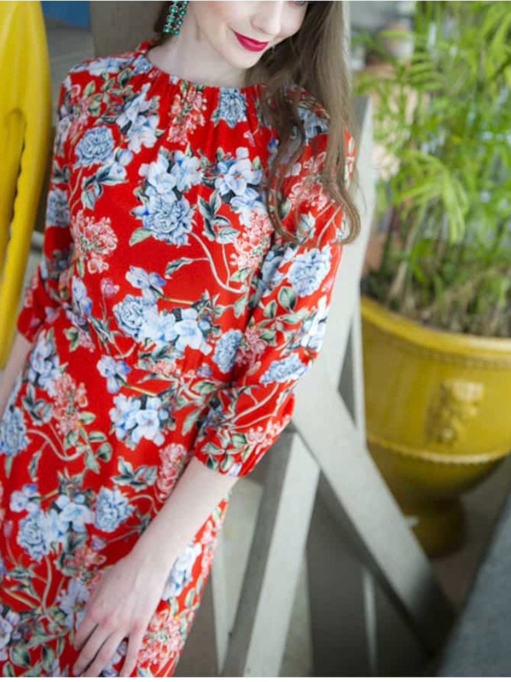 H&M Floral Midi Dress with Blue and Cream Bouquet Print